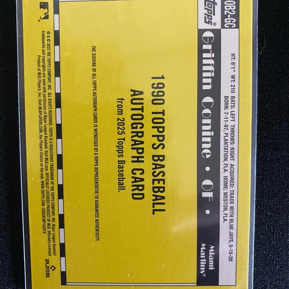 2025 Topps Marlins Baseball Card #90B2-GC Griffin Conine (Rookie Card) Autograph - Picture 2 of 2